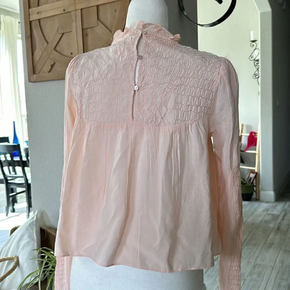 NWOT Free People Smocked In Time Top Ruffled High Neck Long Sleeves XS Feminine